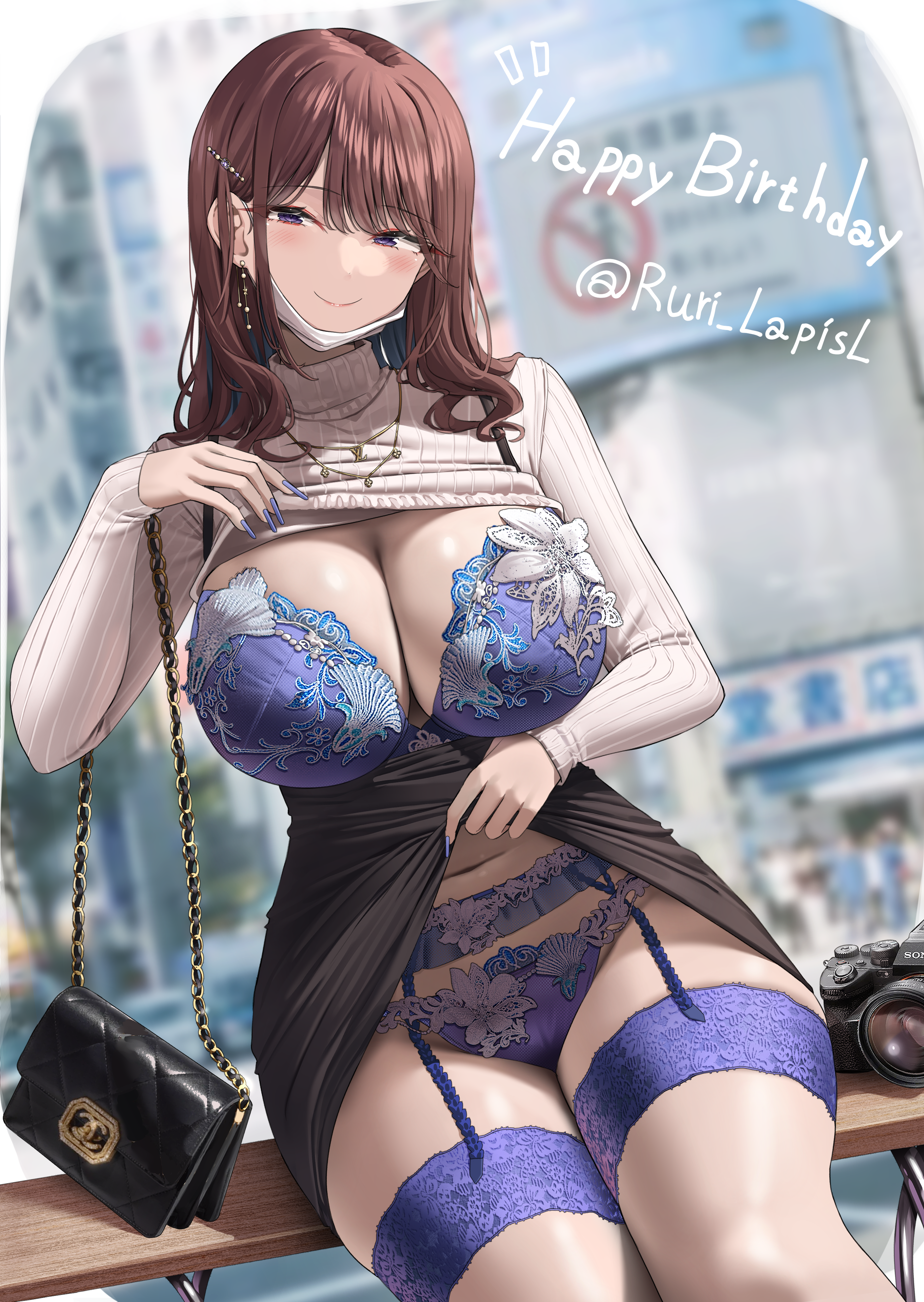 1girls, breasts, brown hair, female, high resolution, huge breasts, kuse (0201), light skin, light-skinned female, long hair, mask, naughty face, original, original character, sweater lift, thick thighs, wide hips