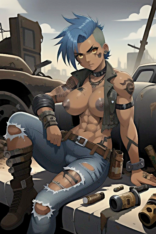 1girls abs ai_generated angry angry_face arm_on_leg big_breasts blue_hair boots breasts collar female female_only half-dressed half_naked jeans jfxjxf junk looking_at_viewer muscular muscular_female nipples pants ripped_clothing ripped_pants scar sitting sitting_on_sofa sofa tan-skinned_female tan_body tan_skin tattoo tattoo_on_arm tattooed_arm tattoos topless undercut vest wasteland yellow_eyes