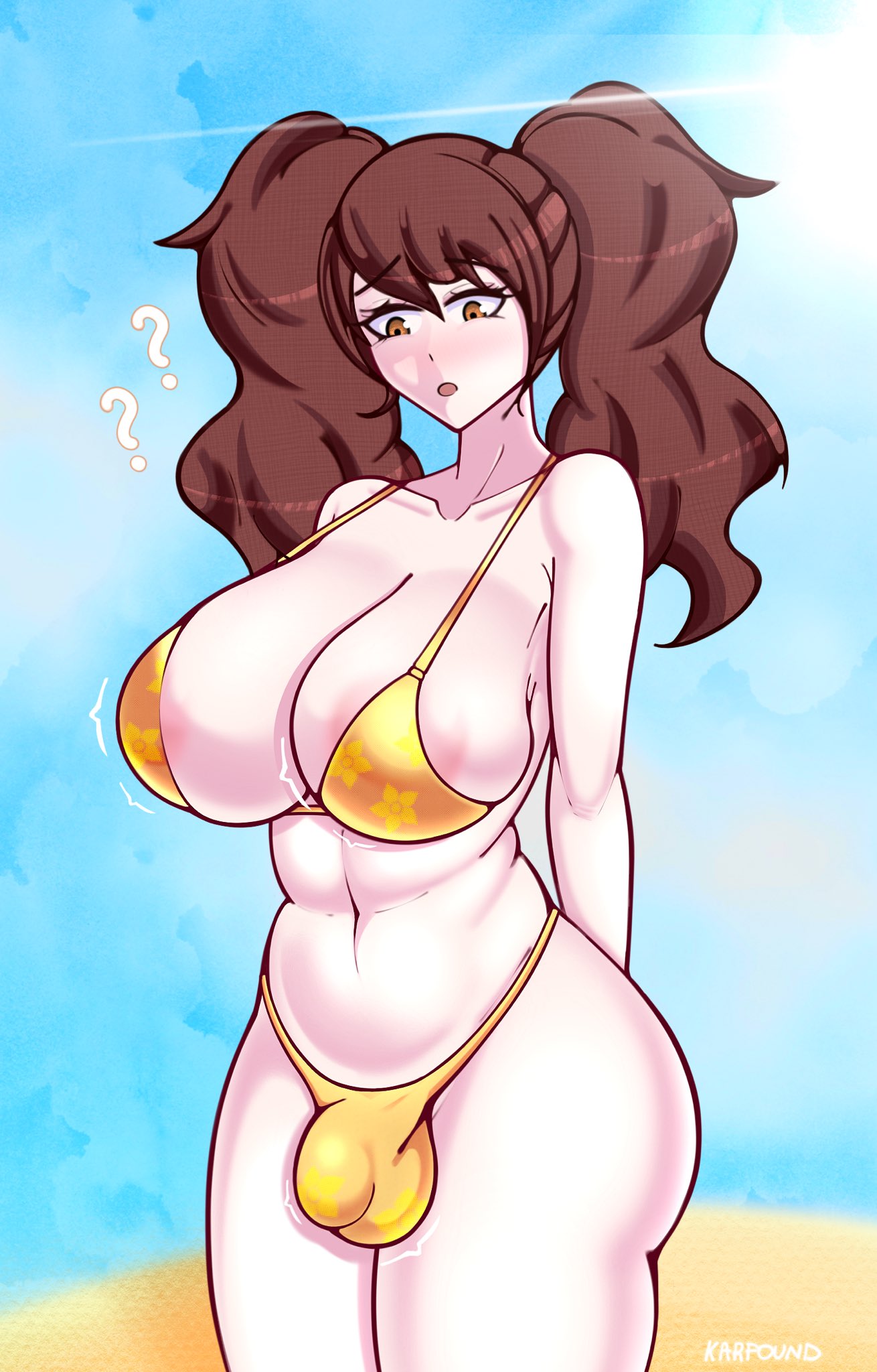 1dickgirl 1futa 2024 2d 2d_(artwork) :o areola_slip areolae ass asymmetrical_bangs balls bare_shoulders beach beach_background belly_button big_breasts bikini bikini_bottom bikini_top breasts breasts_bigger_than_head brown_eyes brown_hair bulge bulge_through_clothing butt clothed clothed_futanari clothing collarbone confused confused_look confusion covered_breasts covered_penis dickgirl dickgirl_focus dickgirl_only digital_drawing_(artwork) digital_media_(artwork) flaccid flower_pattern futa_only futanari hi_res high_resolution highres huge_breasts human karfound kujikawa_rise large_breasts light-skinned_futanari light_skin long_hair looking_at_own_breasts looking_down megami_tensei midriff mostly_nude motion_lines navel orange_bikini orange_swimsuit outdoors penis penis_bulge persona persona_4 pigtails question_mark sideboob skindentation solo solo_dickgirl solo_futa standing swimsuit swimwear watermark wide_hips