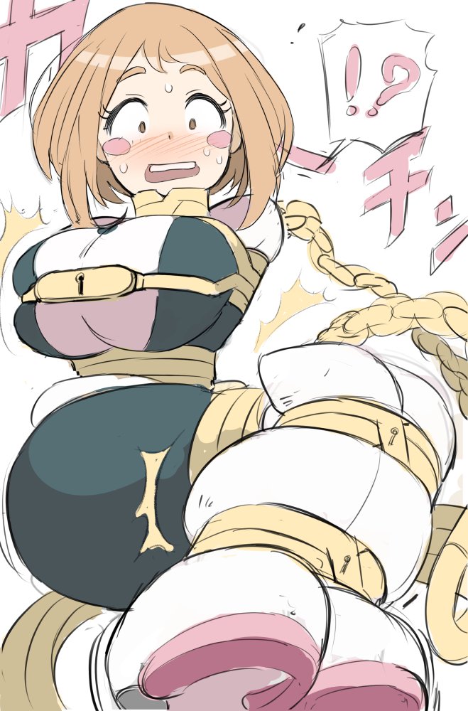 blush blushing bondage bound breasts brown_eyes brown_hair female large_breasts my_hero_academia ochako_uraraka rebake rebake-1453 short_hair solo sweat unfinished uraraka_ochako