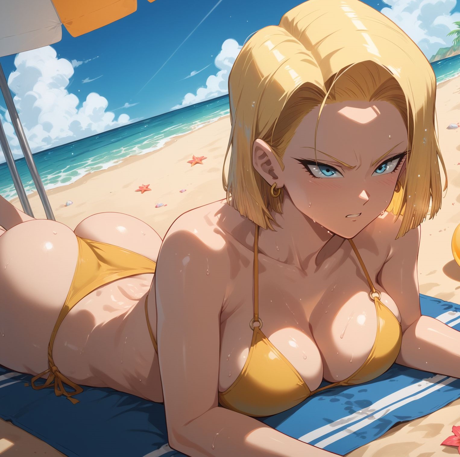 ai generated, android 18, beach, bewaretheaimachinegod, big breasts, blonde hair, breasts, dragon ball, dragon ball super, dragon ball z, female