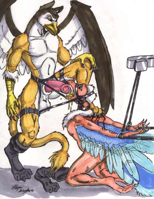 alyn_gryphon anthro archaeopteryx avian blood bodily_fluids bondage bound dinosaucers dinosaur female genital_fluids gryphon male male/female mythological_avian mythological_creature mythology peeing peeing_in_mouth reptile scalie teryx_(dinosaucers) theropod urinating urinating_male urination urine watersports