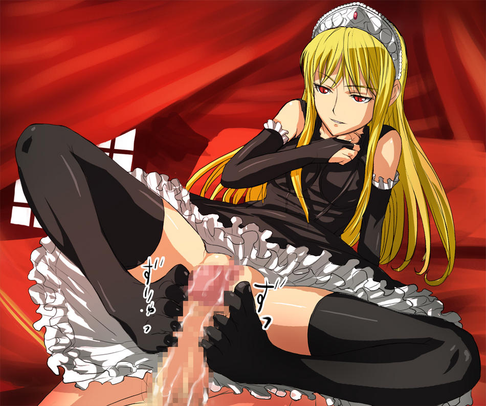 black_legwear black_thighhighs blonde_hair bridal_gauntlets censored clothing cum dress elbow_gloves feet female footjob footjob_with_legwear fura gloves hime_(kaibutsu_oujo) jpeg_artifacts kaibutsu_oujo lilianne lingerie long_hair male naughty_face no_panties penis petticoat pov red_eyes smile spread_legs stockings straight thighhighs tiara toe_socks toes underwear very_long_hair window