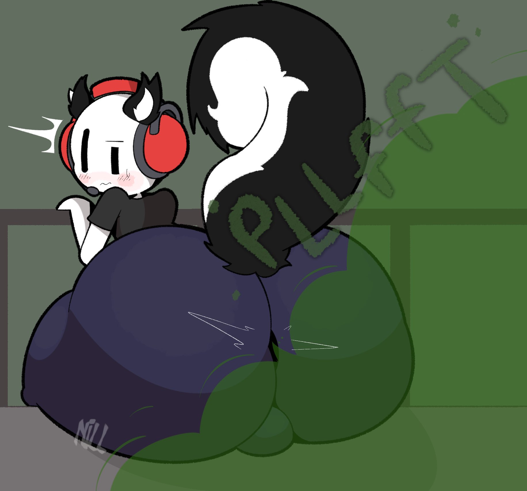 1boy, alternate version available, ass, backsack, bald, balls, ballsack, big ass, big butt, blush, blush lines, blushing at viewer, bulge, charles calvin, clothes, fart, fart cloud, fart fetish, farting, fat ass, fat butt, femboy, fully clothed, green fart, green fart cloud, headphones, henry stickmin (game), huge ass, huge butt, looking at viewer, looking back, looking back at viewer, male, male only, onomatopoeia, pants, skunk charles (deelikedeez), skunk ears, skunk tail, solo, sweat, sweating, text, that cat sheep, thick ass, thick butt