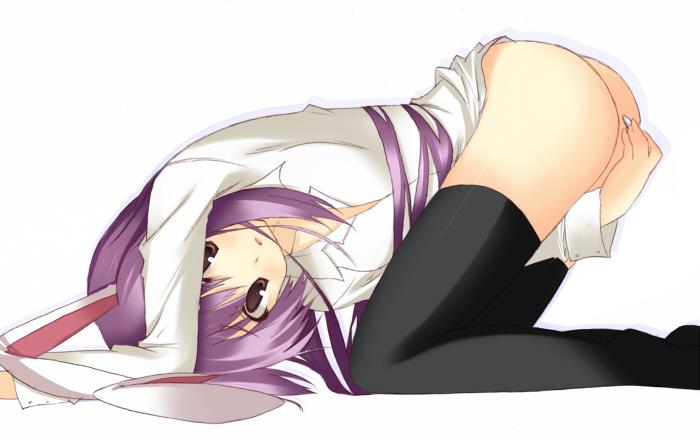 black_legwear bottomless bunny_ear dress_shirt kuwashima_rein long_hair profile purple_hair reisen_udongein_inaba shirt simple_background suppository thighhighs top-down_bottom-up touhou