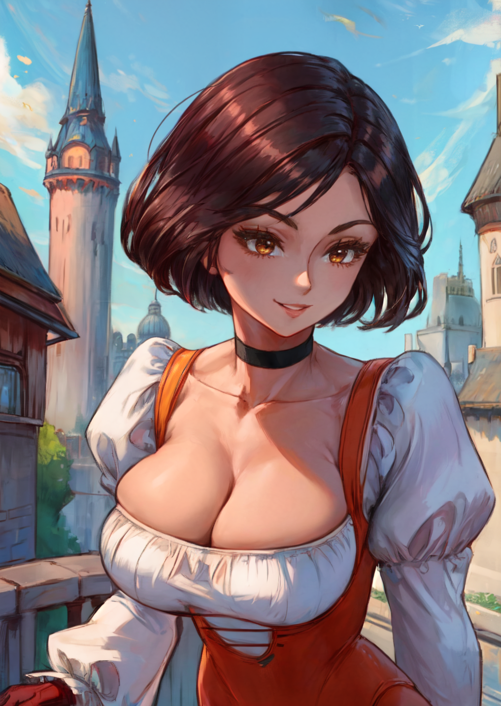 1girls ai_generated big_breasts breasts brown_eyes brown_hair choker city cleavage cleavage_overflow collarbone female female_only final_fantasy final_fantasy_ix garnet_til_alexandros_xvii gloves large_breasts orange_bodysuit outside parted_lips puffy_sleeves short_hair smile solo solo_female square_enix stable_diffusion tampopo