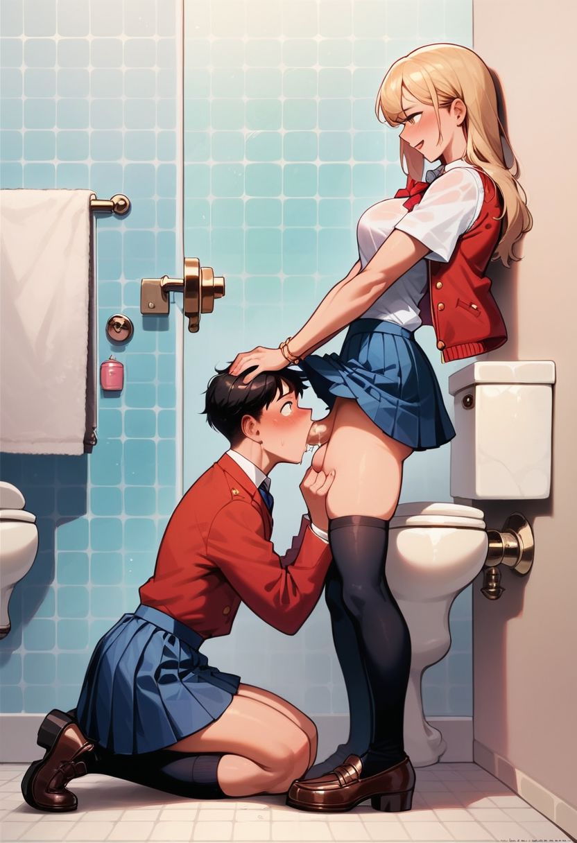 ai_generated blonde_hair blowjob crossdressing futa_on_male futanari head_grab school_uniform schoolgirl skirt spodvohomg stable_diffusion toilet