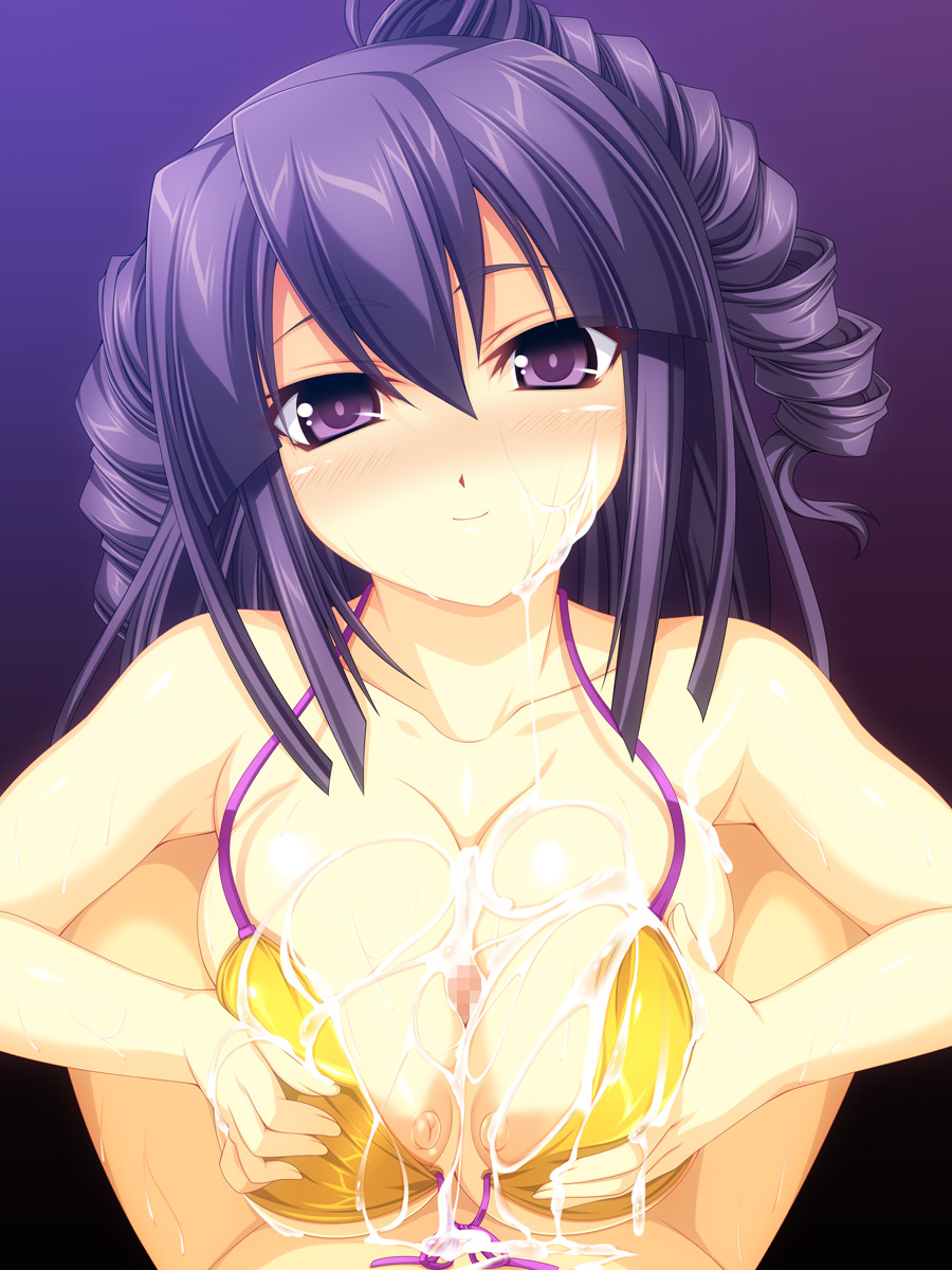 beatmania beatmania_iidx bikini breasts censored cum cum_on_body cum_on_breasts cum_on_upper_body curls curly_hair facial female highres kinoshita_ichi large_breasts long_hair male nipples paizuri penis pov purple_hair smile straight swimsuit tied_hair twintails umegiri_hifumi