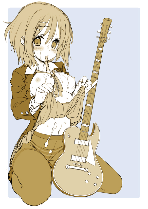 blush breasts bukkake condom cum cum_on_body cum_on_breasts cum_on_clothes cum_on_upper_body female female_only guitar hands human human_only instrument k-on! large_breasts mouth_hold open_clothes open_shirt panties panties_under_pantyhose pantyhose pinky_out school_uniform shirt short_hair skirt skirt_lift solo striped striped_panties tatami_to_hinoki underwear yui_hirasawa_(k-on!)