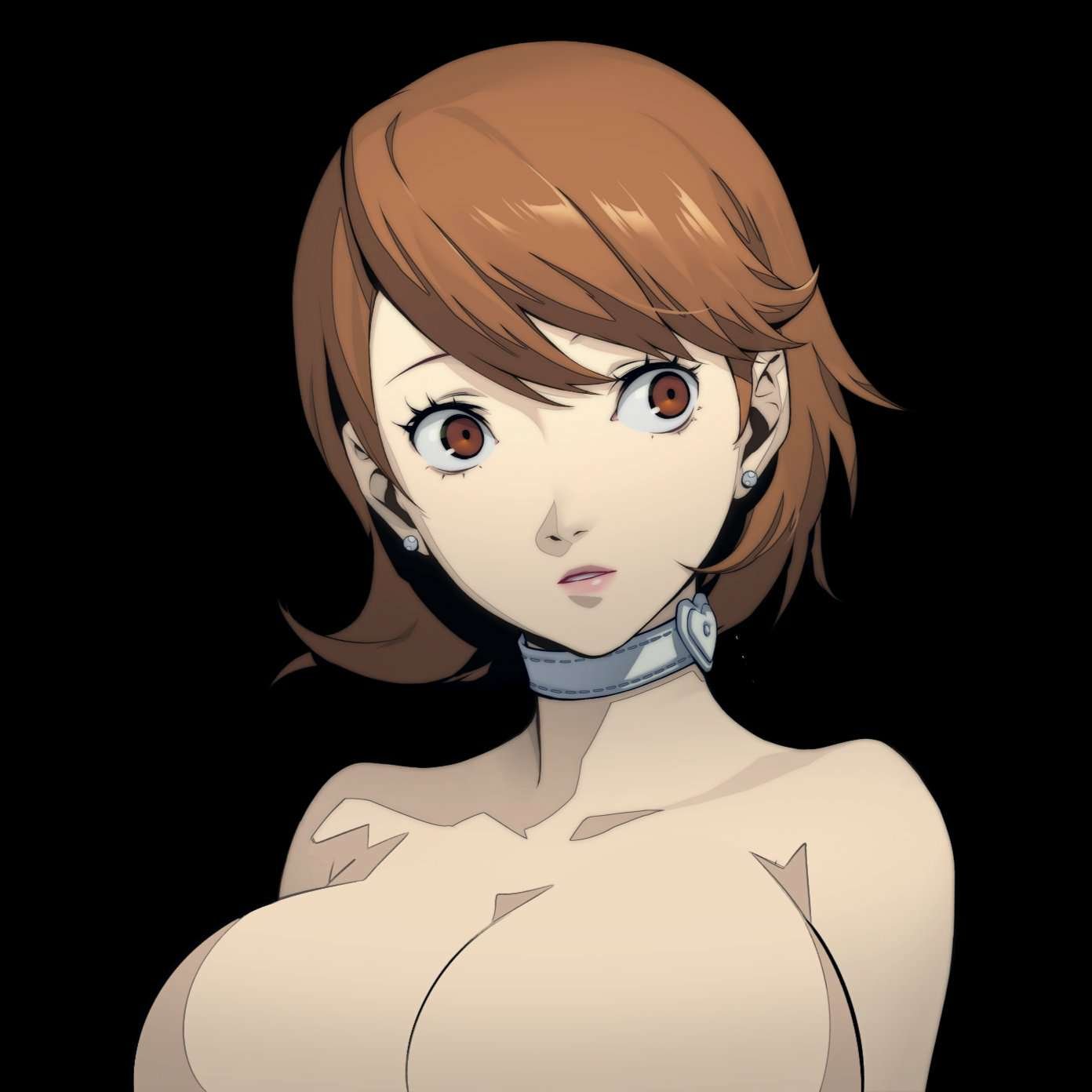 1girls atlus big_breasts breasts breasts_bigger_than_head brown_eyes brown_hair choker edit edited_official_artwork edited_screencap female huge_breasts naked naver nude_and_boob_edit persona persona_3 sega tagme yukari_takeba