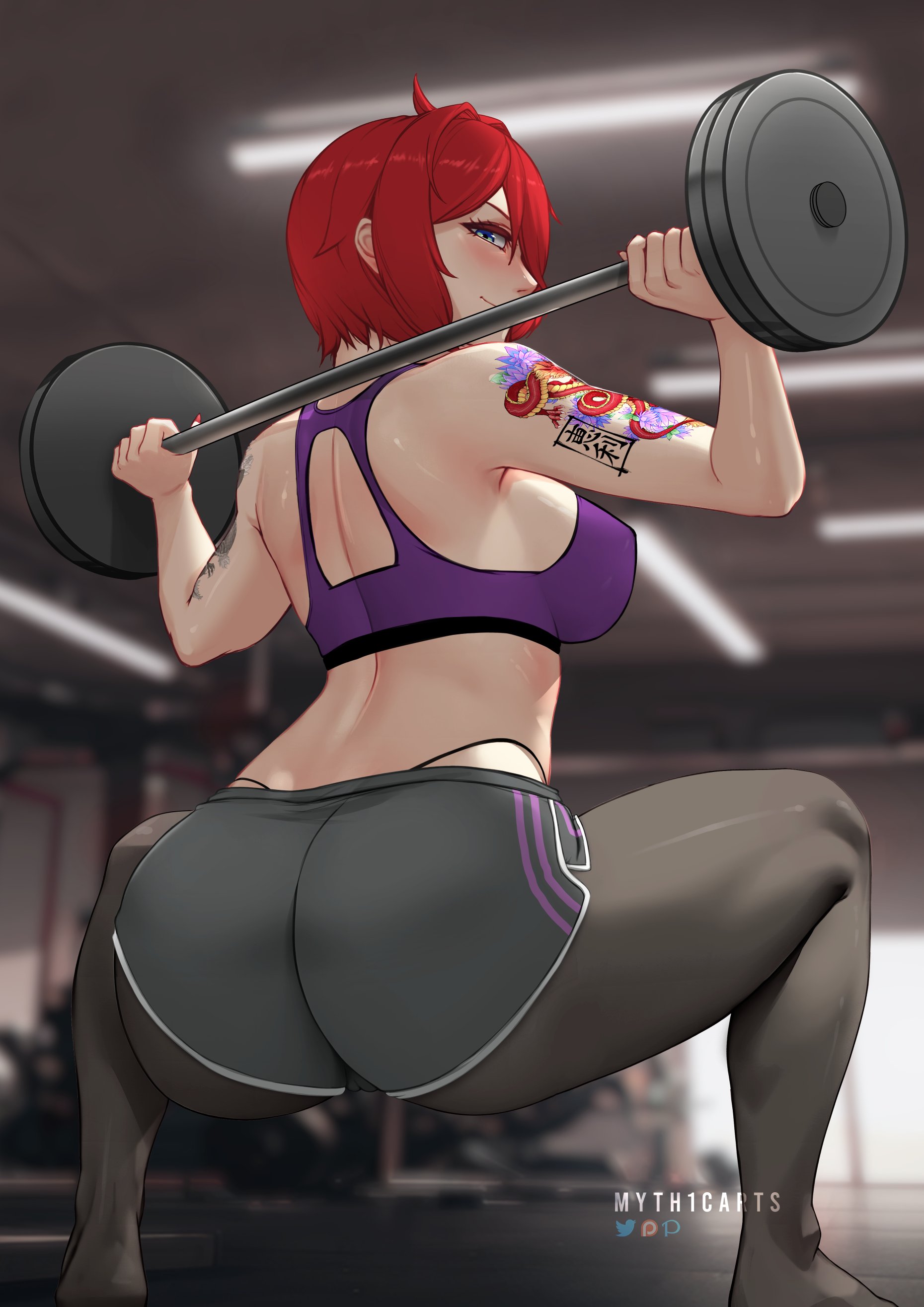 1girls, artist name, ass, back view, closed mouth, clothed, clothing, dragon tattoo, elly (vtuber), exercise, female, female only, green eyes, gym, gym clothes, holding object, image set, indie virtual youtuber, indoors, light skin, light-skinned female, looking at viewer, looking back, myth1c, myth1carts, patreon logo, red hair, short hair, solo, squatting, tattoo, tattoo on arm, twitter logo, virtual youtuber, weightlifting, weights