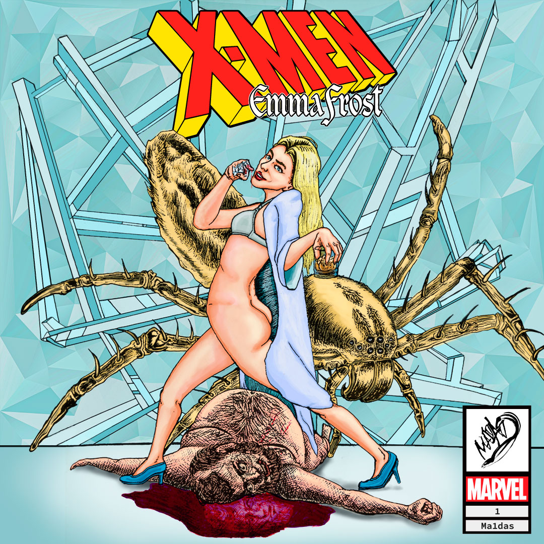 blonde_hair blood bloody_hands blue_eyes bottomless bottomless_female dead_eyes diamond diamond_(gem) emma_frost female gore high_heels ma1das male marvel marvel_comics spider white_queen x-men