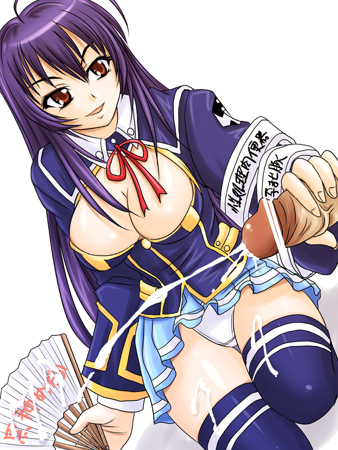 bar_censor breasts brown_eyes censored cleavage cum cum_on_body cum_on_leg cum_on_lower_body ejaculation fan handjob kurokami_medaka medaka_box nozarashi_satoru panties pantyshot penis purple_hair school_uniform skirt thighhighs translation_request underwear zettai_ryouiki