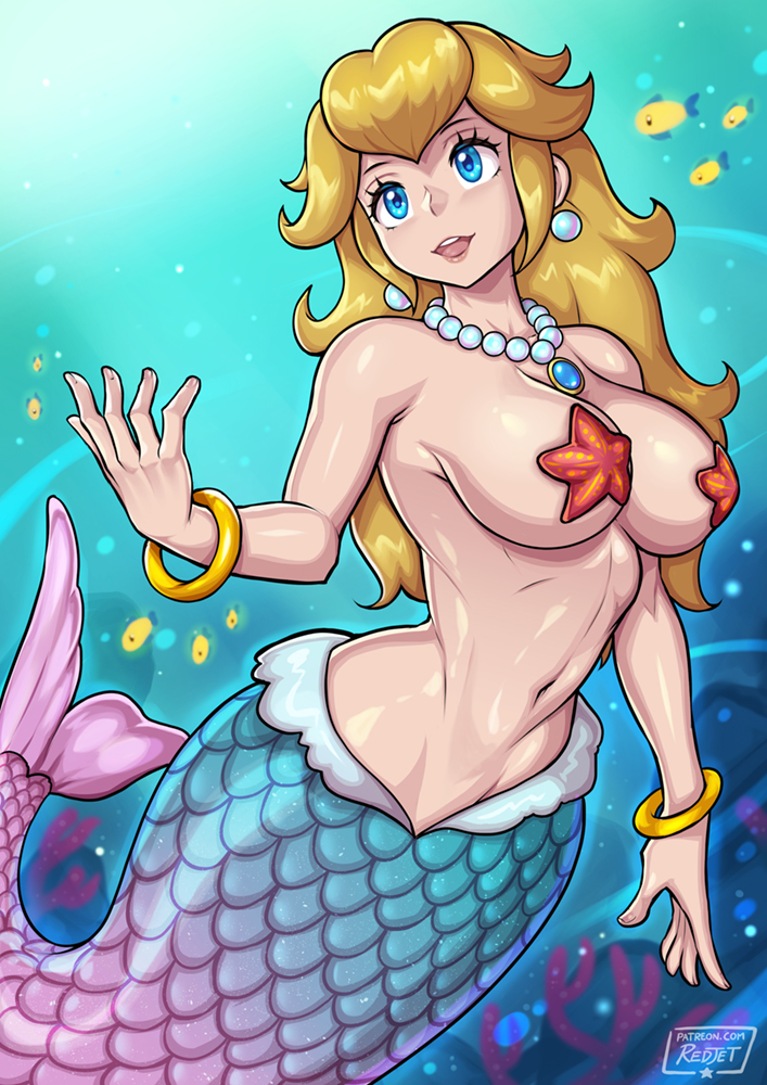 1girls blonde_hair blue_eyes bracelet bracelets breasts earrings female female_only fish fish_tail jewelry long_hair mario_(series) mermaid mermaid_peach midriff monster_girl navel necklace necklace_between_breasts nintendo princess_peach princess_peach:_showtime! redjet revealing_clothes scales solo starfish_pasties underwater