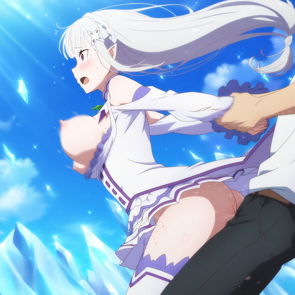 ai_generated aivime big_breasts elf elf_ears elf_female elf_girl emilia_(re:zero) female flower_in_hair flower_ornament hair_ornament half-elf light-skinned_female light_skin long_hair male male/female natsuki natsuki_subaru pointy_ears princess purple_eyes re:zero_kara_hajimeru_isekai_seikatsu silver_hair thighhigh_boots very_long_hair white_hair