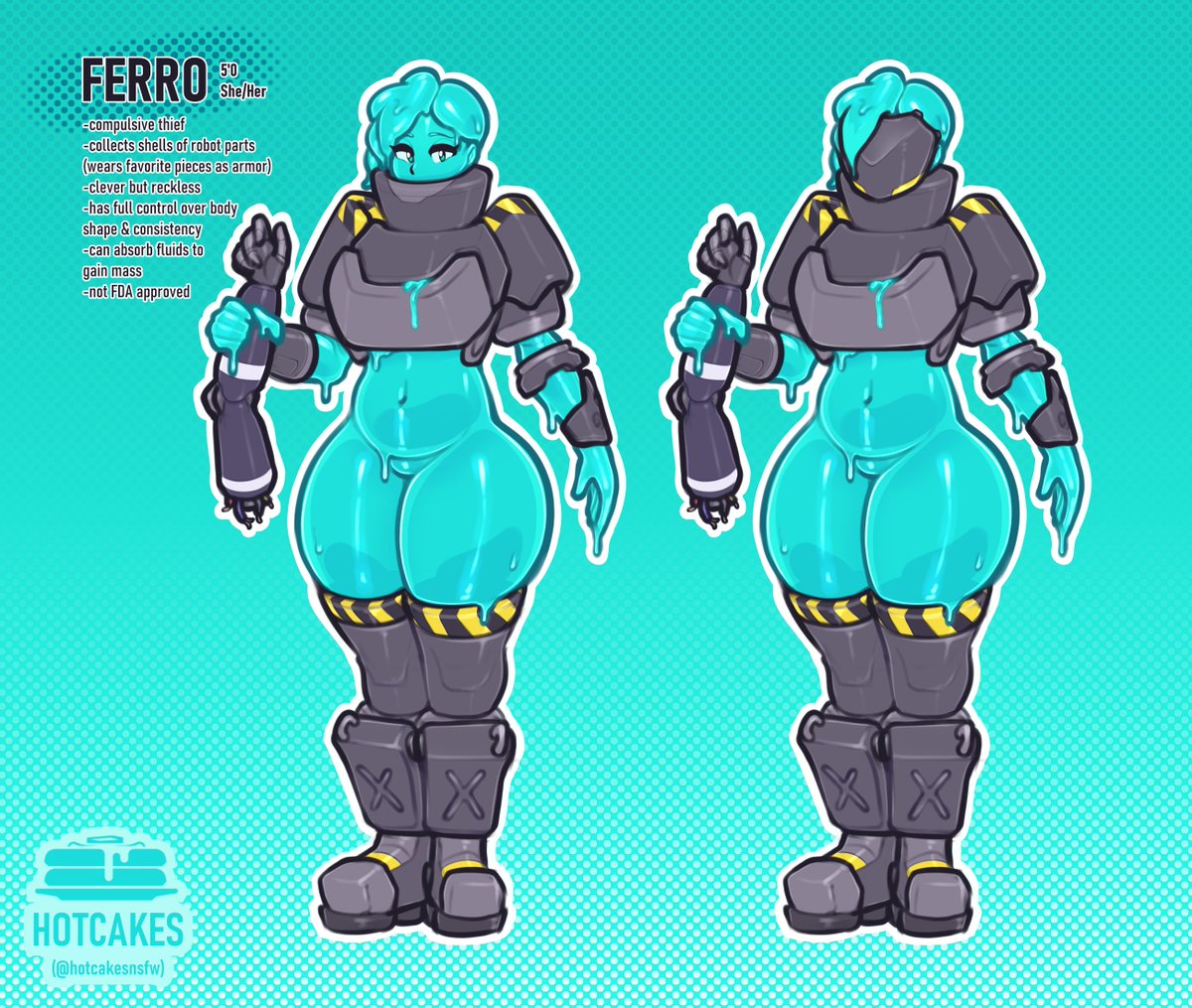 1girls, armor, female, ferro (hotcakesnsfw), hotcakesnsfw, reference image, slime, slime girl, thick thighs