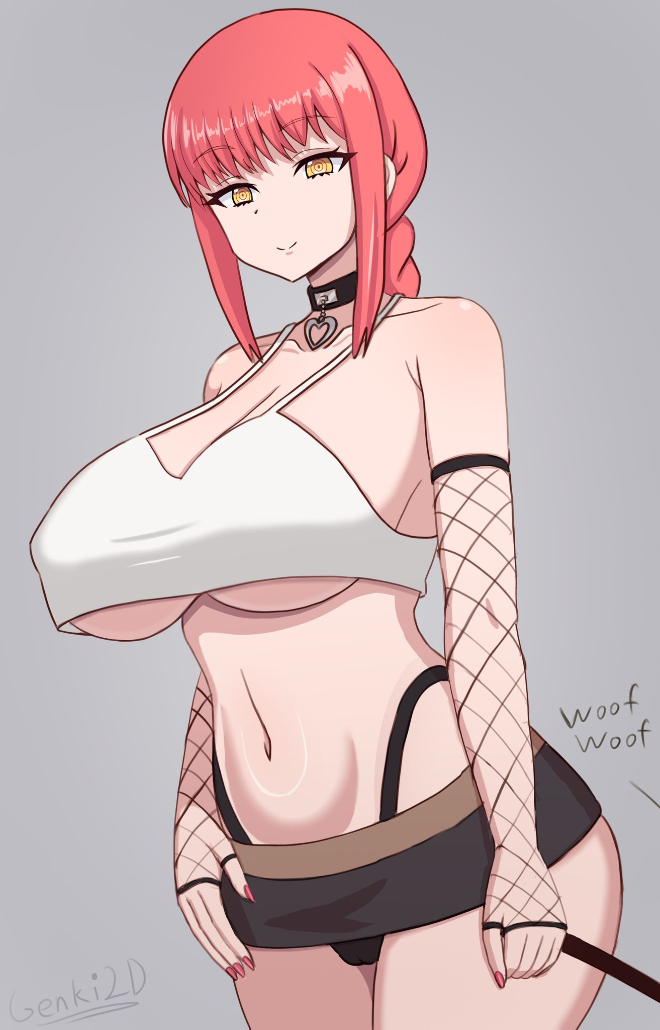 1girls, ass, ass visible through thighs, big breasts, breasts, chainsaw man, choker, cleavage, female, female only, fishnets, genki2d, large breasts, leash, looking at viewer, makima (chainsaw man), navel, red hair, skirt, solo, solo female, solo focus, thick thighs, thighs, thong, underboob, wide hips, yellow eyes