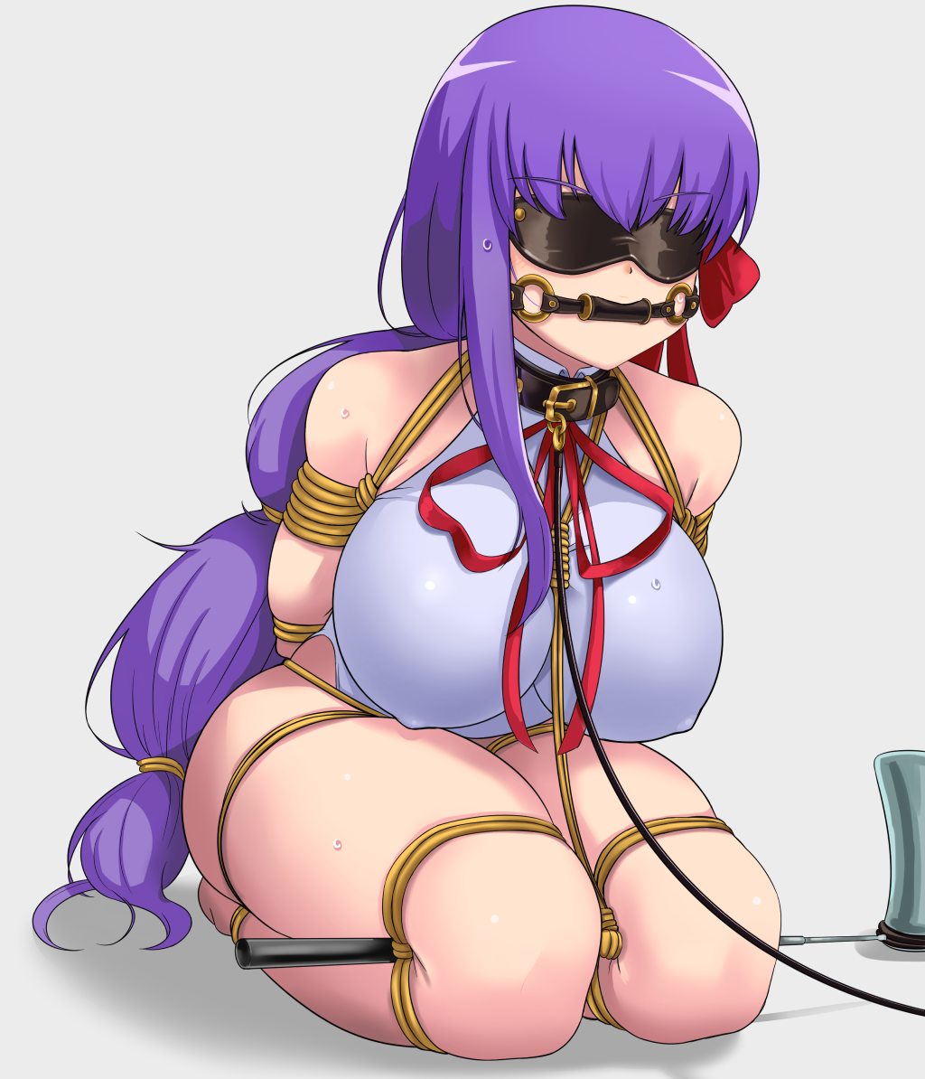 arms_behind_back bb_(fate) bb_(fate/extra) big_breasts bit_gag black_blindfold blindfold bondage bound bow breasts collar commentary covered_eyes covered_nipples erect_nipples erection_under_clothes fate/extra fate/extra_ccc fate/grand_order fate_(series) female femsub frogtie gag gagged hair_ribbon huge_breasts large_breasts leash leotard long_hair purple_eyes purple_hair rebake rebake-1453 ribbon rope seiza sitting skindentation solo thick_thighs thighs