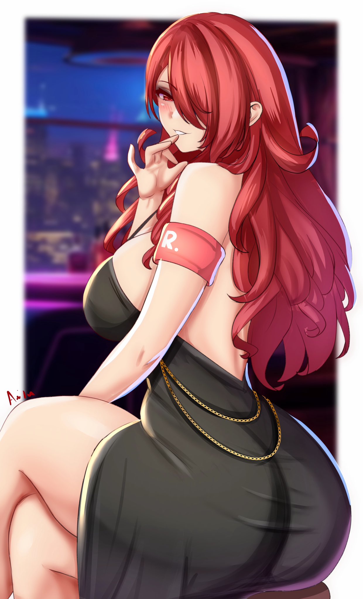 1girls anisdrawn armband armwear ass atlus breasts clothing dress female hair_over_one_eye human large_ass large_breasts light-skinned_female light_skin long_hair mitsuru_kirijo modakawa_dress naughty_face pale_skin persona persona_3 red_eyes red_hair smile thighs