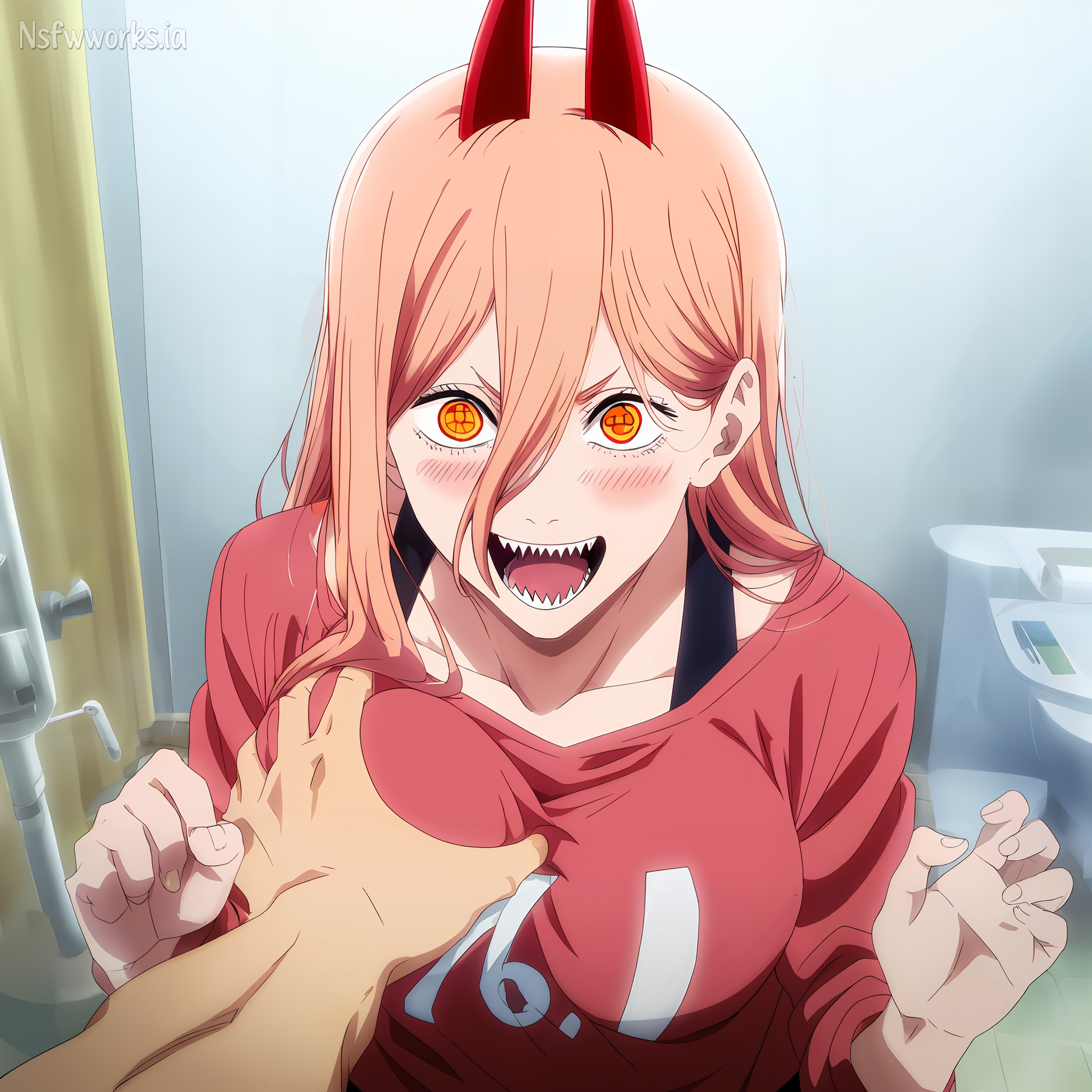 1boy, 1girls, ai generated, bathroom, blonde hair, breasts, chainsaw man, clothing, demon, demon girl, demon horns, denji (chainsaw man), excited, female, grabbing, grabbing own breast, horns, male, mommy, nsfwworks.ia, power (chainsaw man), smile, yellow eyes
