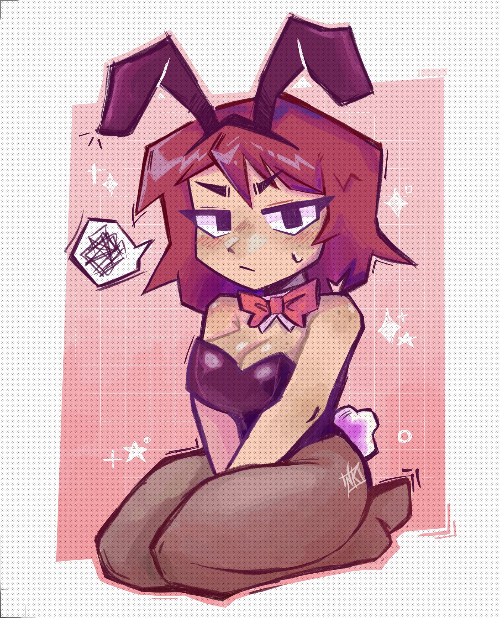1girls, bare shoulders, black eyes, blush, breasts, bunny ears, bunny tail, bunnysuit, female, freckles, freckles on breasts, freckles on face, freckles on shoulders, kim pine, kneeling, namukii, red eyes, scott pilgrim, short hair, solo, solo female, star, sweatdrop