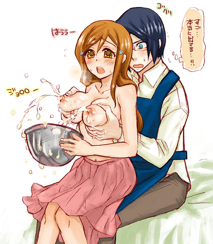 1boy 1girls aqua_eyes bleach blue_hair blush bowl breast_grab breasts female glasses inoue_orihime lactating_in_bowl lactation long_hair male milk milk_squirt milking open_mouth orange_hair sitting skirt sweat sweatdrop topless translated translation_request uryu_ishida yellow_eyes