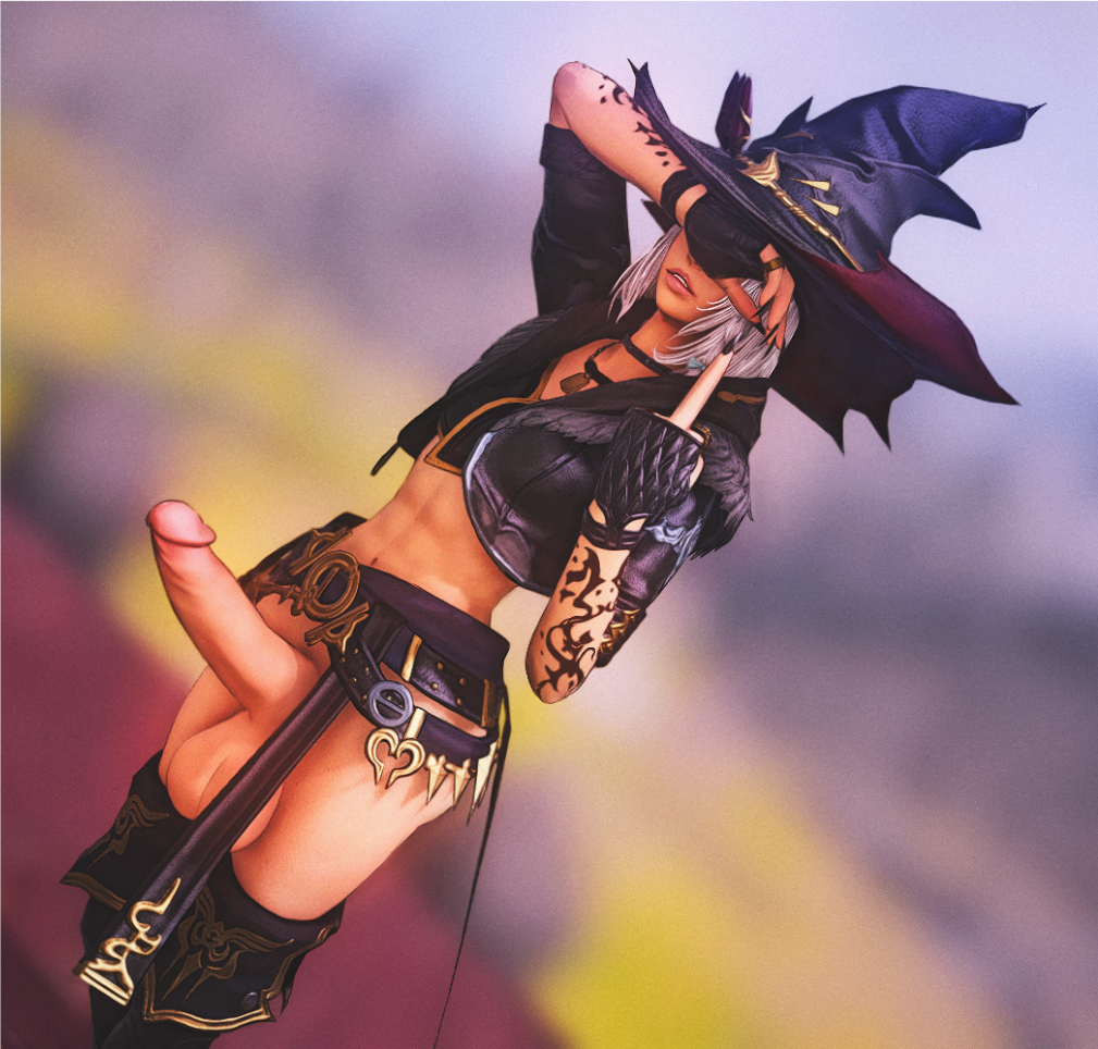 3d accessory big_balls big_penis bitchy black_clothing black_mage covering_eyes eyes_covered ffxiv final_fantasy final_fantasy_xiv futanari gold_(metal) gpose(ffxiv) hat large_balls large_cock large_penis middle_finger oc original_character penis penis_out slayerofeikons solo thighs warrior_of_light_(ff14) witch_hat