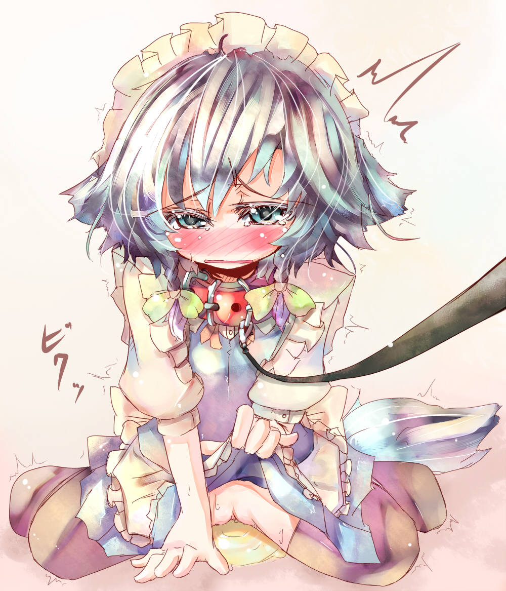 blue_eyes blush braid collar dog_tail hairband inu_sakuya kemonomimi_mode leash peeing pussy ribbon sakuya_izayoi silver_hair tail tears tora touhou twin_braids uncensored