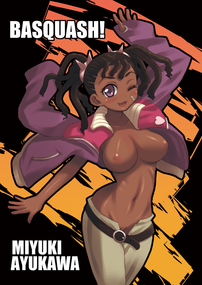 ayukawa_miyuki bandaid basquash! belt blush breasts color dark-skinned_female dark_skin dreadlocks female female_only hairlocs highres jacket kure_(beniya) locks locs midriff navel nipples no_panties purple_eyes pussy pussy_peek solo tied_hair topless tufts twintails uncensored wink