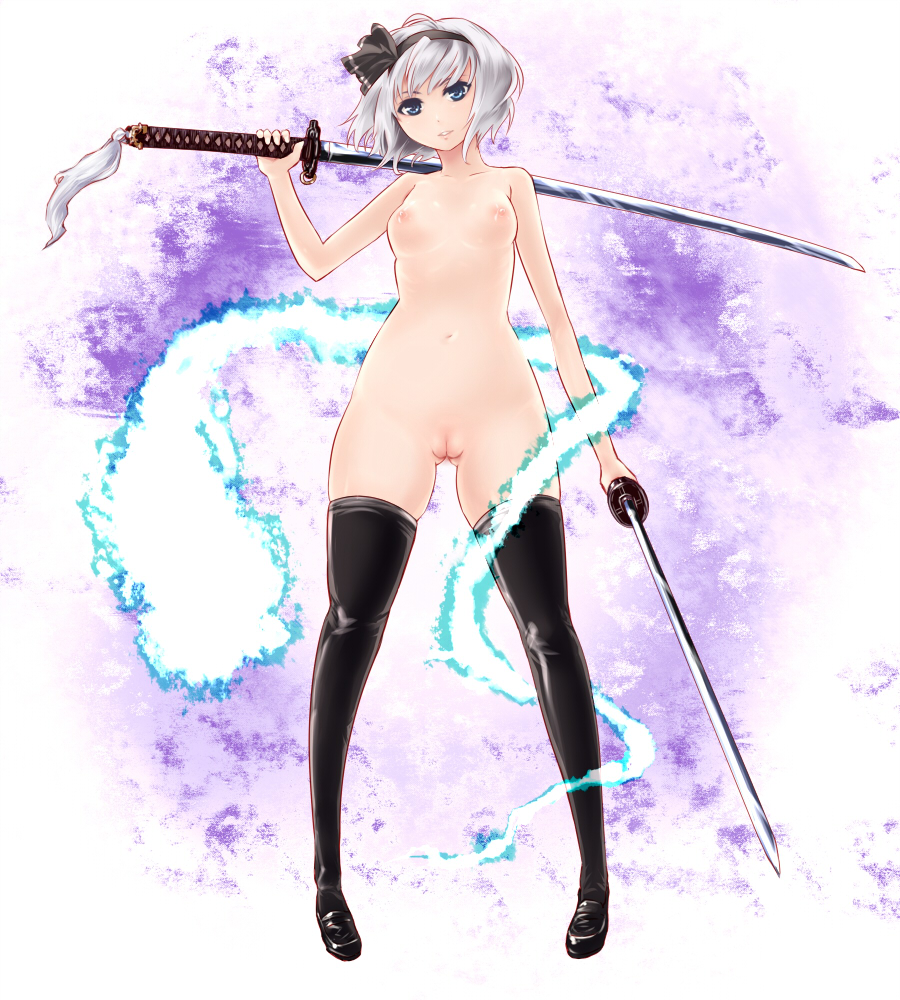 black_legwear breasts cleft_of_venus color dual_wielding female female_only front_view ghost grey_hair hairband hitodama katana kuroino legs myon naked_thighhighs nipples nude pussy short_hair skindentation solo standing sword thighhighs touhou uncensored vulva weapon white_hair youmu_konpaku youmu_konpaku_(ghost)