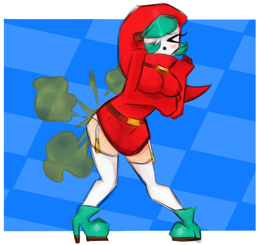 1girls big_breasts boots closed_eyes clothing colored_sketch embarrassed fart fart_fetish farting female female_only full_body green_hair mario_(series) mask open_mouth panties red_dress short_hair shy_gal shy_gal_dance_(minus8) smell_fetish solo standing stinkify stinky