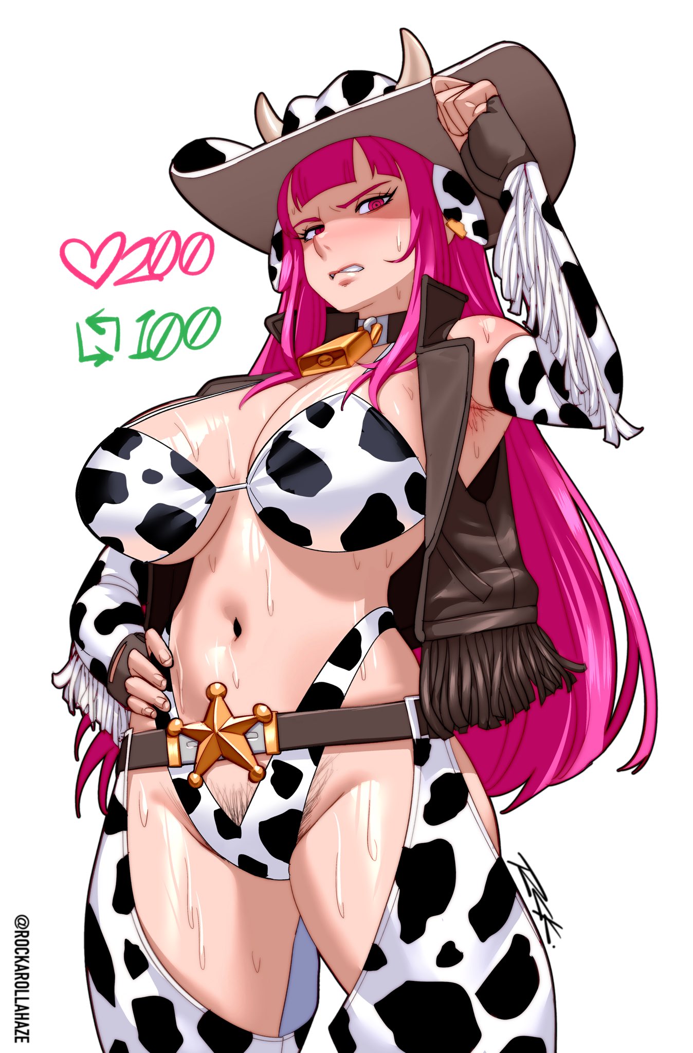 1girls 2024 2d 2d_(artwork) bodily_fluids cow_print cowboy_hat cowgirl cowgirl_outfit female hololive hololive_english hololive_myth long_hair mori_calliope pink_hair pubic_hair rockaroll solo solo_female sweat sweaty virtual_youtuber