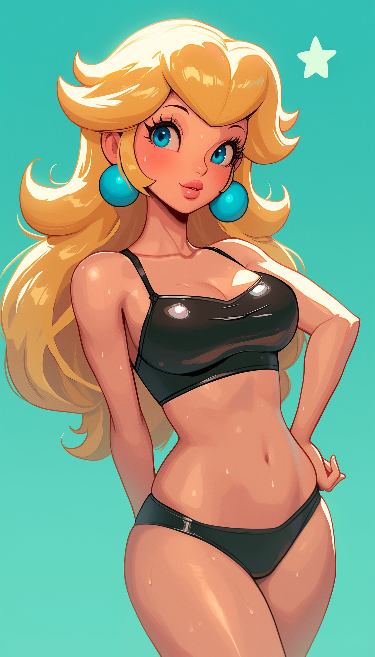 1girls, ai generated, black panties, blonde hair, blue eyes, breasts, cleavage, earrings, female, female only, human, human only, long hair, mario (series), navel, nintendo, princess peach, solo, sweat