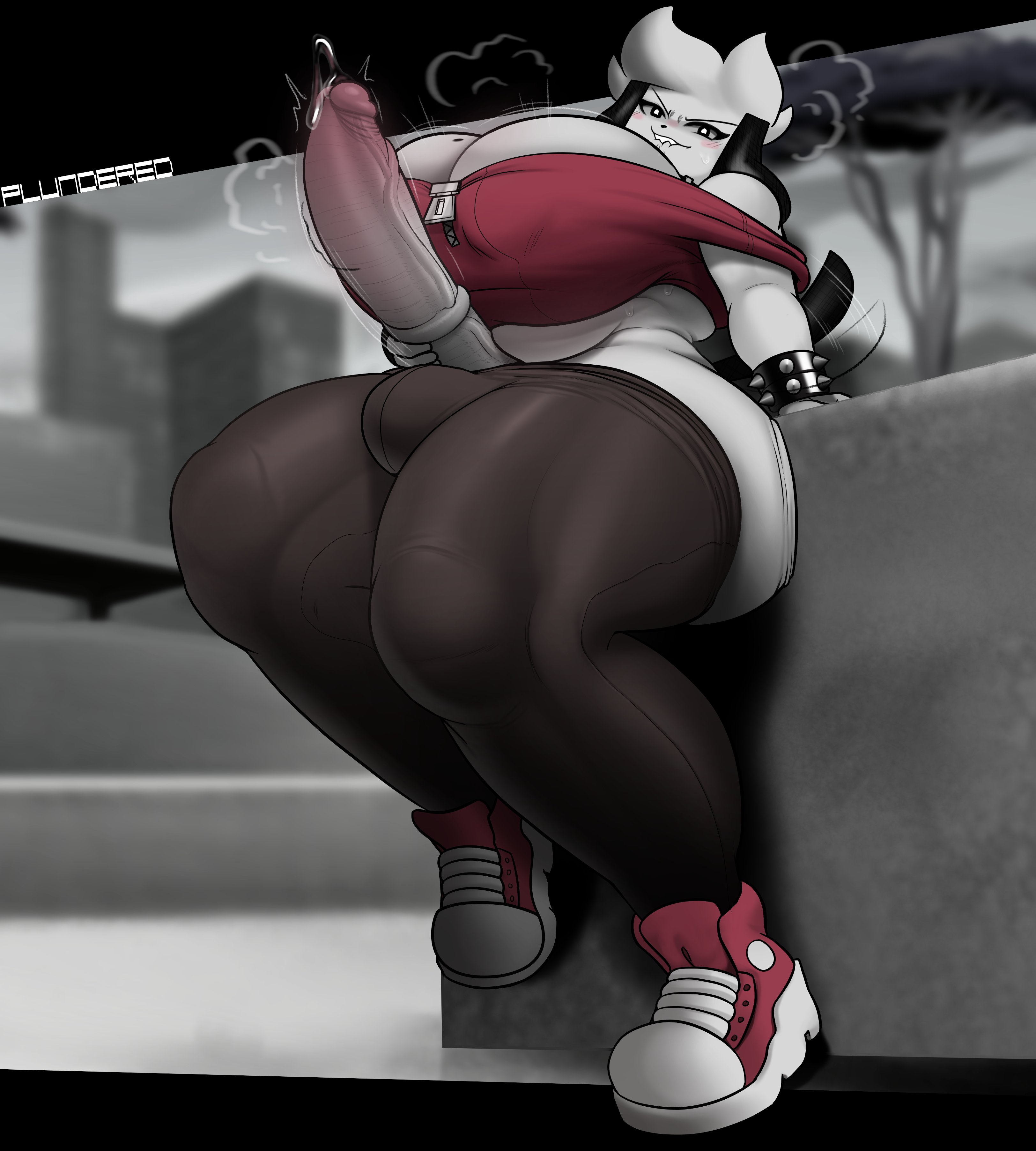 1futa, absurd res, alternative fashion, anthro, ass, belly overhang, big ass, big breasts, big butt, bite, biting lip, black ears, bodily fluids, bottomwear, bracelet, breasts, canid, canine, canis, cleavage, clothed, clothed futa, clothing, collar, domestic dog, eyelashes, fangs, fbomb (kaydude), floppy ears, footwear, fur, furry, futanari, genital fluids, genitals, grey background, grey body, grey fur, hand on penis, hi res, huge ass, huge breasts, huge butt, huge cock, huge thighs, humanoid genitalia, humanoid penis, hybrid genitalia, hybrid penis, intersex, jewelry, looking at viewer, low-angle view, mammal, markings, masturbation, medial ring, medial ringed hybrid penis, mole (marking), mole on breast, outside, pants, penis, plundered, precum, precum ejaculation, public, public masturbation, punk, shoes, simple background, slightly chubby, sneakers, solo, solo futa, spiked bracelet, spikes, tagme, teeth, thick thighs, throbbing penis, tight clothing, toony, vein, wide hips, zipper