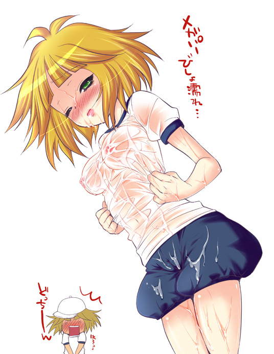 1girls 2009 ai_kaminari blonde_hair blush breasts bukkake buruma clothing cum female gym_uniform human koari light-skinned_female light_skin medium_breasts see-through see-through_clothing shirt short_hair shorts tears time_bokan_(series) translation_request wet wet_clothes wet_shirt yatterman