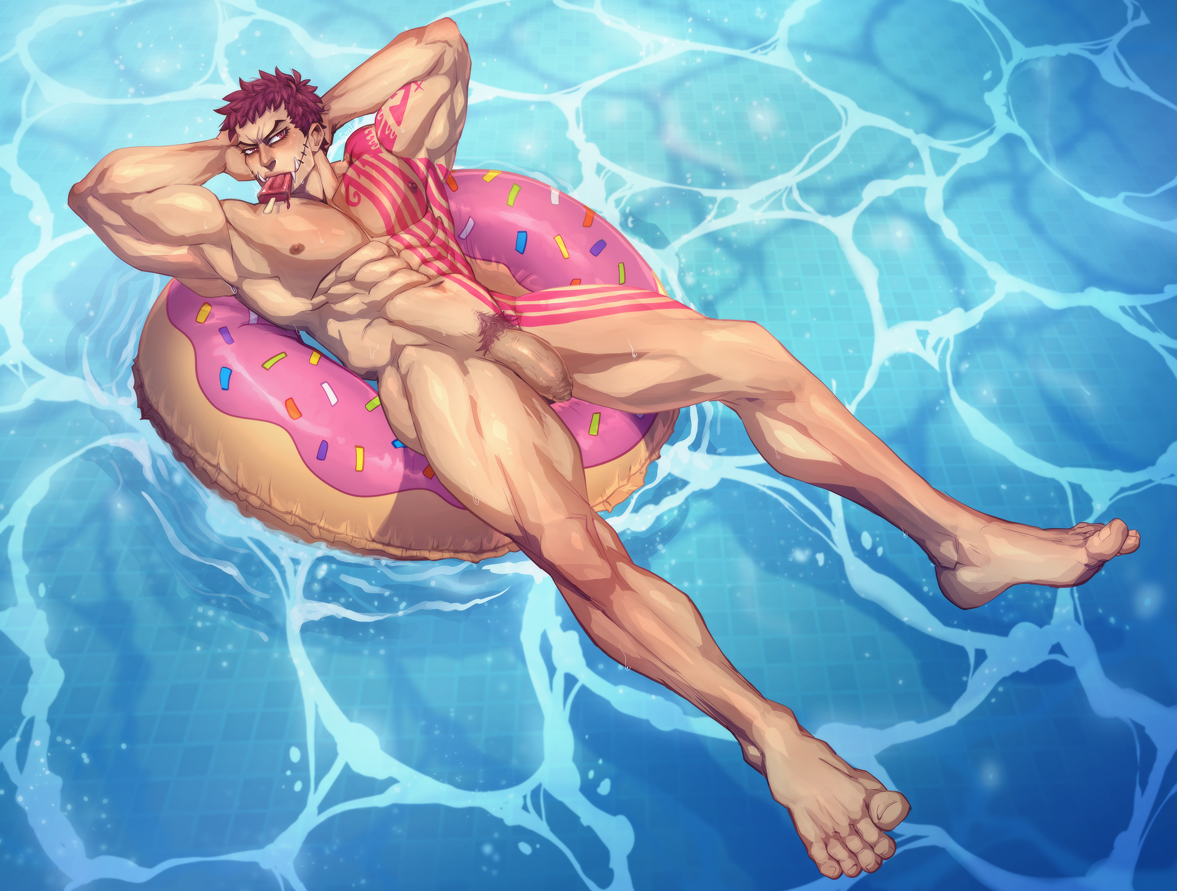 1boy, 2021, alternate version available, bara, big penis, charlotte katakuri, completely nude, gay, gay male, hi res, highres, male, male nipples, male only, male pubic hair, muscular, muscular male, nipples, nude, nude male, one piece, penis, pubic hair, solo, soynutts, uncensored, yaoi