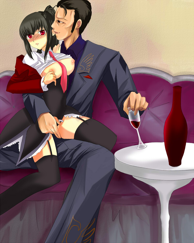 07th_expansion 1boy 1girls 2009 2010 4:5 alcohol areolae bangs belphegor_(umineko) beverage black_eyes black_hair black_legwear black_stockings black_thighhighs blazer blush breasts breasts_out couch female garter_straps hime_cut human jacket large_breasts leotard long_hair male medium_breasts neckwear neckwear_between_breasts open_mouth pink_tie ponytail red_eyes red_jacket rudolf_ushiromiya short_hair sofa stakes_of_purgatory straight suit thighhighs thighs tie tie_between_breasts umineko_no_naku_koro_ni unbuttoned vase wine wine_glass