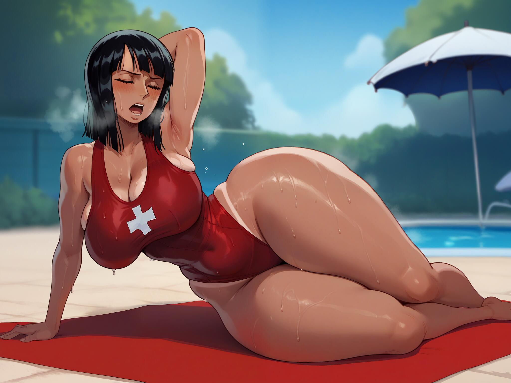 ai generated, ass, azure (artist), breasts, female, female only, huge ass, large breasts, lifeguard, nico robin, one piece, one-piece swimsuit, outdoors, pool, pre-timeskip, solo, tagme, tan, thick thighs, wide hips