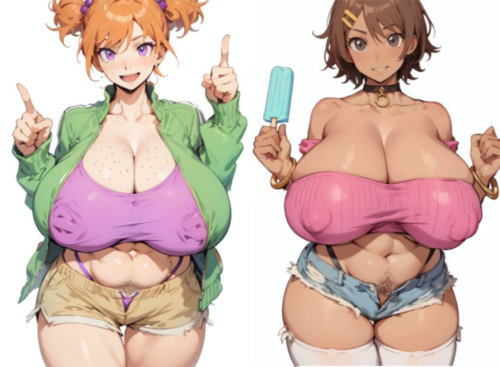 2girls ai_generated barbara_(arrow_funk) big_areola big_ass big_breasts black_hair breasts_bigger_than_head creamballz d-side_girlfriend fgrpornit friday_night_funkin friday_night_funkin_mod girlfriend_(friday_night_funkin) green_jacket huge_breasts ice_cream pink_top short_pants