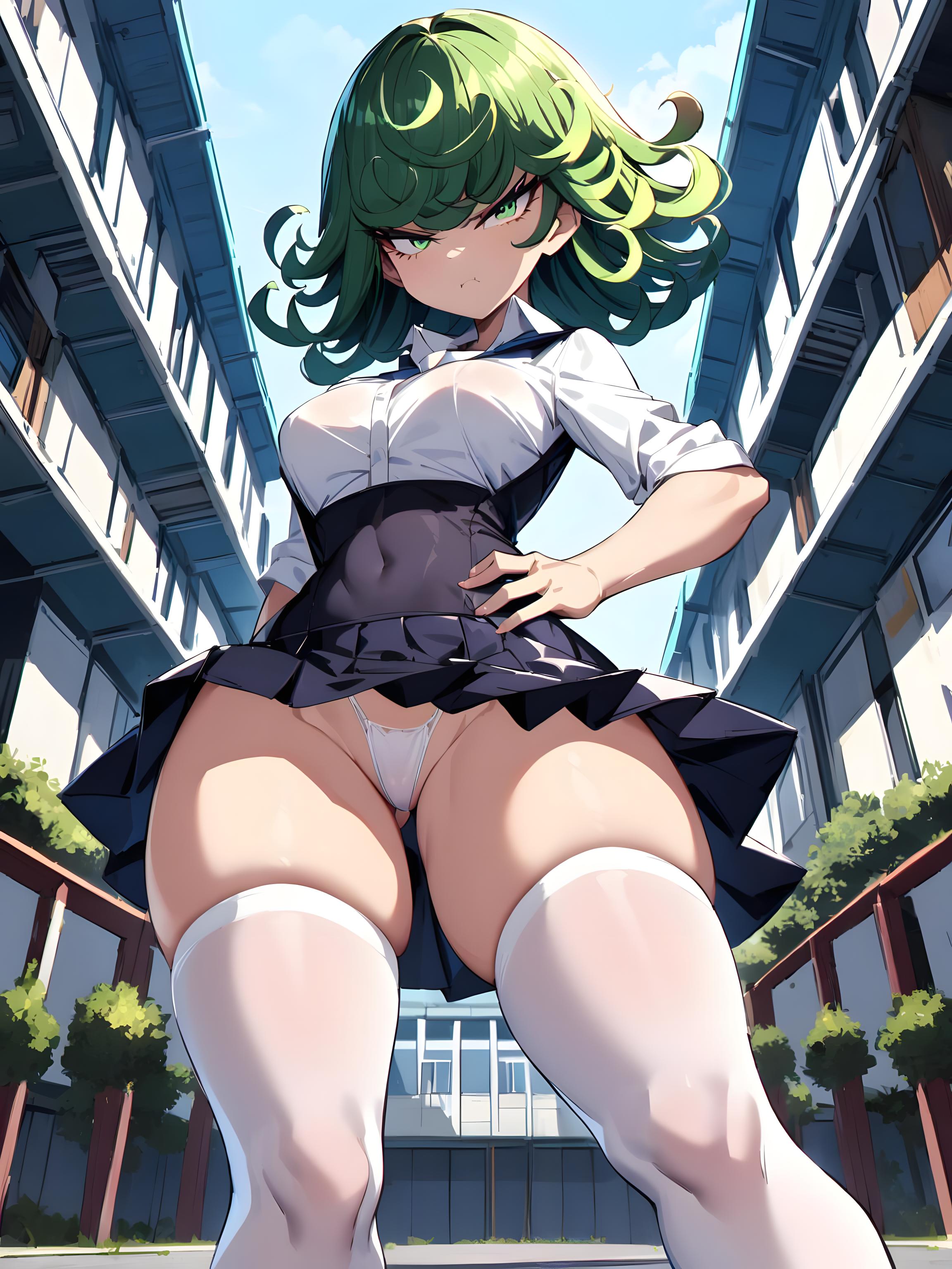 1girls, ai generated, angry, angry face, breasts, closed mouth, clothed, clothing, curly hair, female, female only, fit, fit female, g-string, green eyes, green hair, hand on hip, legs, legwear, light skin, light-skinned female, one-punch man, outdoors, outside, pale skin, pale-skinned female, panties, shiny skin, skirt, solo, solo female, standing, stockings, string panties, tatsumaki, thighhighs, thighs, thong, underwear, white legwear, white panties, white skin, white thighhighs, white thong