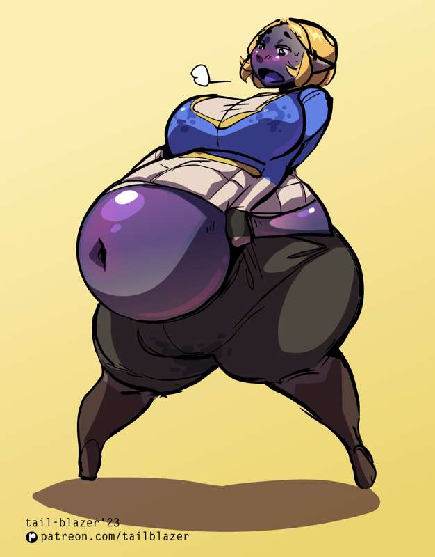 1girls, ass, ass expansion, belly expansion, big ass, big belly, big breasts, black legwear, blonde hair, blue skin, blueberry inflation, breast expansion, breast growth, breast growth (enlargement), breasts, elf ears, expansion, fat fetish, female, inflation, lactation, lactation through clothes, leaking, light skin, light-skinned female, navel, princess zelda, pulling up pants, short hair, simple background, skin turning blue, tail-blazer, tears of the kingdom, the legend of zelda, thick thighs, zelda (tears of the kingdom)