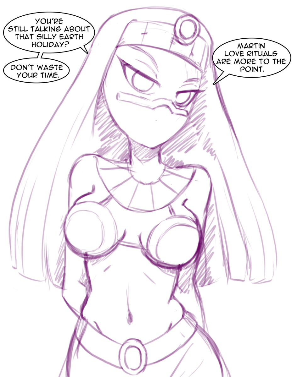 alien alien_girl alien_humanoid bikini_top crown dialogue facial_mark martian martian_(duck_dodgers) purple_line_art purple_lineart queen_tyr'ahnee silent-sid_1992 sketch