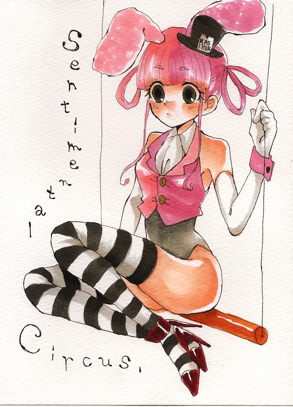 1girls bunny_ears bunny_girl color colored english_text eyebrows_visible_through_hair female female_only gijinka gloves heels humanized legwear light-skinned_female light_skin long_socks master pink_hair san-x sentimental_circus shappo simple_background simple_coloring simple_shading small_ass text traditional_media traditional_media_(artwork) white_background