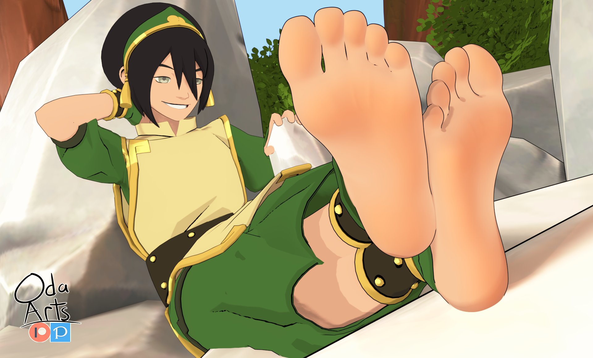 1girls, 3d, avatar legends, avatar the last airbender, barefoot, black hair, blind, clothed, clothed female, earth kingdom, feet, feet together, feet up, female, foot fetish, foot focus, fortnite, fortnite: battle royale, full color, fully clothed, legs crossed, light skin, light-skinned female, nickelodeon, no penetration, oda arts, presenting feet, smile, smiling, soles, solo, solo female, solo focus, toes, toph bei fong