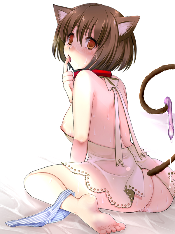 animal_ears anus barefoot breasts brown_eyes brown_hair cat_ears choker condom feet female finger_to_mouth finger_to_tongue kojima_saya large_breasts licking looking_back nipples no_panties original panties panties_around_leg panties_around_one_leg pointy_chin pussy short_hair sitting solo straight_hair striped striped_panties tail tears uncensored underwear used_condom wariza