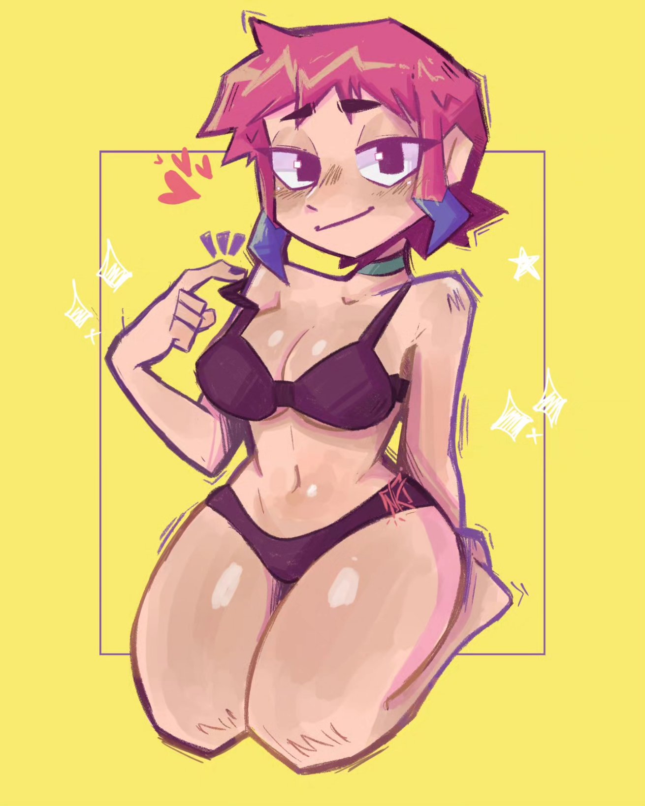 1girls, black eyes, black underwear, female, heart, kneeling, nail polish, namukii, pink hair, purple hair, purple nails, ramona flowers, scott pilgrim, short hair, solo, solo female, strap slip, two-tone hair, underwear