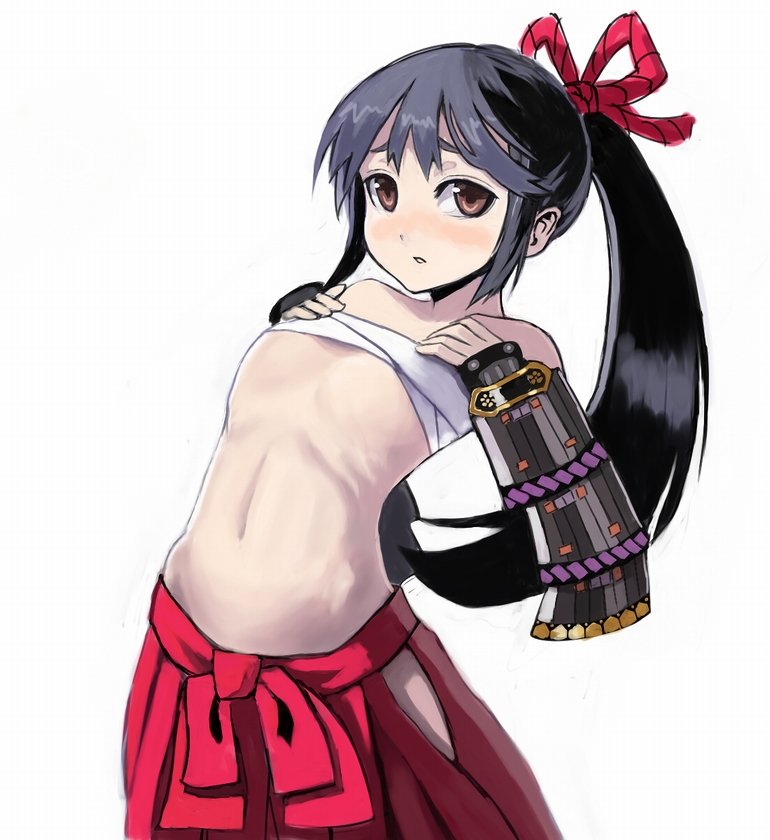 beni-syoga black_hair blush brown_eyes bushidou_(sekaiju) chest_wraps clothing etrian_odyssey flat_chest long_hair ponytail ribs ronin sarashi sekaiju_no_meikyuu tied_hair