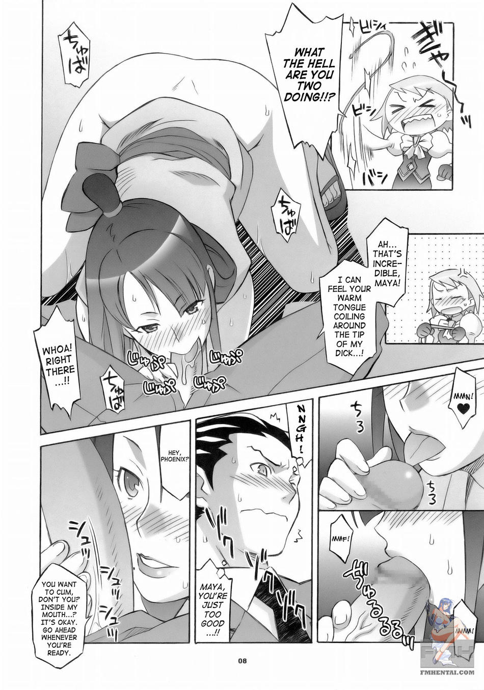 black_and_white comic cum female gyakuten_saiban karuma_mei male maya_fey mia_fey naruhodou_ryuuichi penis sandals