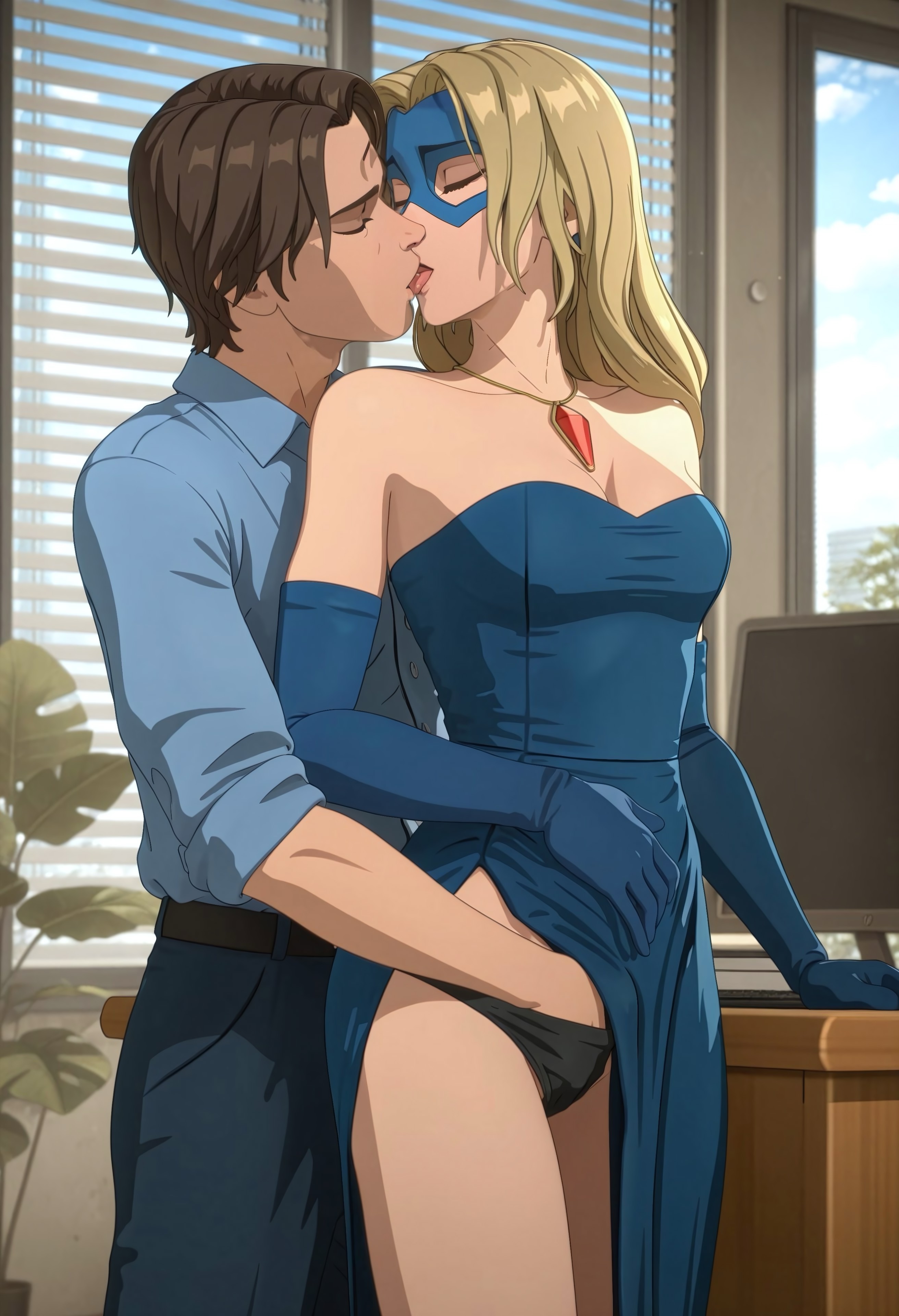 ai generated, black panties, blonde blazer, blonde female, blonde hair, blue eyes, dispatch (game), domino mask, dress, elbow gloves, fingering, hand in another's panties, hand in panties, kissing, kissing while fingering, making out, mask, office, panties, sexy body, superheroine, underwear