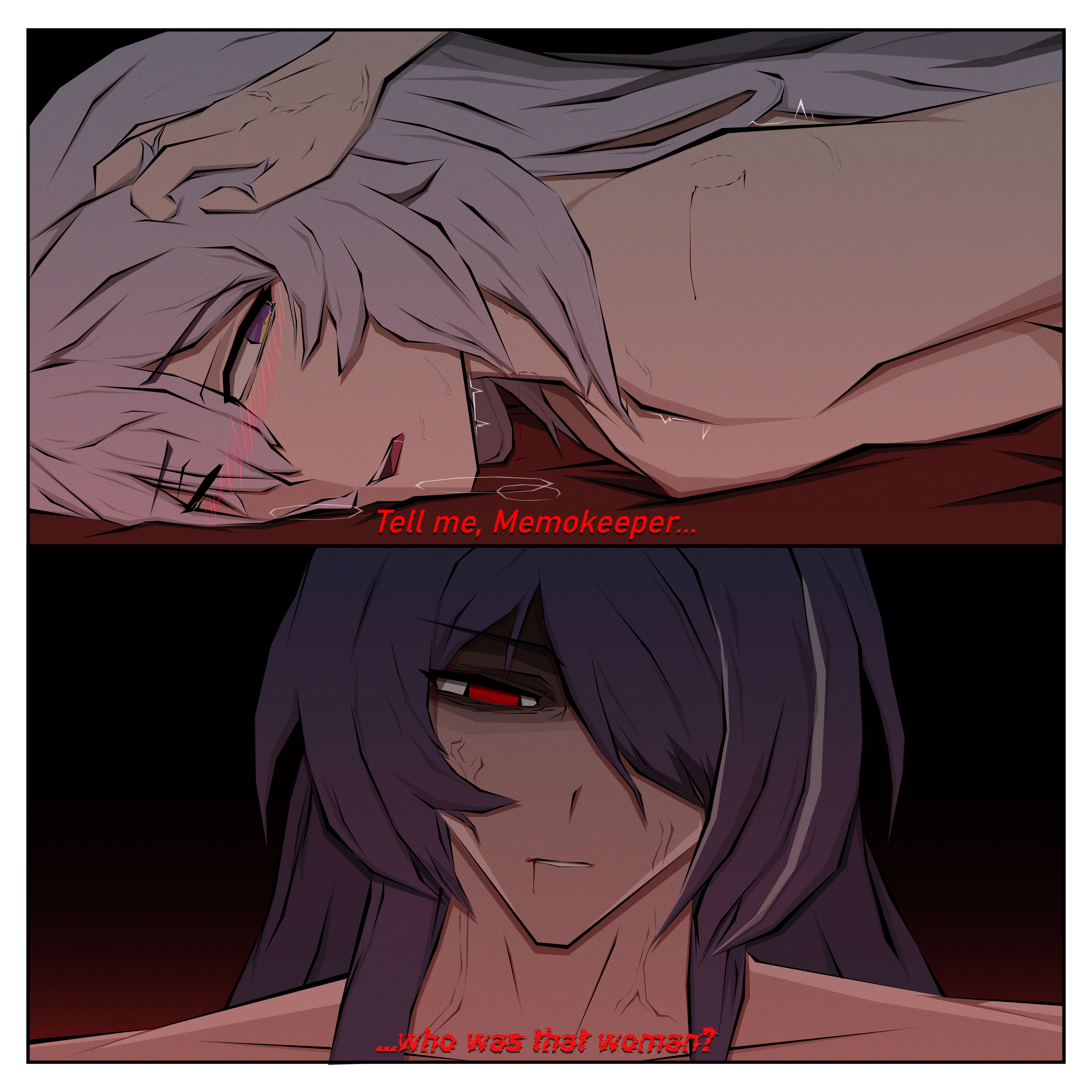 acheron (honkai: star rail), angry, angry face, black swan (honkai: star rail), blush, dominant female, dubious consent, eleuhhzar, female, female focus, female only, female yandere, hand on head, honkai (series), honkai: star rail, hoyoverse, implied sex, jealous, jealous female, long hair, naked, naked female, nude, nude female, possessive, possessive female, red eyes, submissive female, vein, veins, yandere, yuri